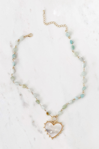 MOP Large Heart & Aqua Bead Necklace